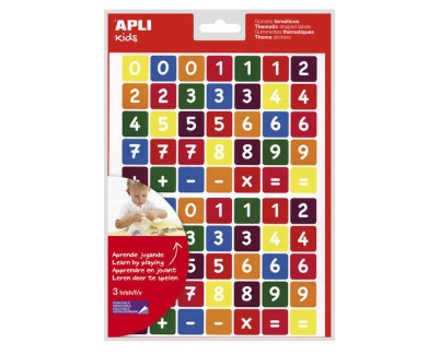 Apli Bolsa de Gomets Tematicos los Numeros - 210 Gomets en 3 Hojas - Adhesivo Removible - Aprendizaje de Numeros y Calculo Mental - Adhesivo Base Agua - Libre de Disolventes - Color Variado