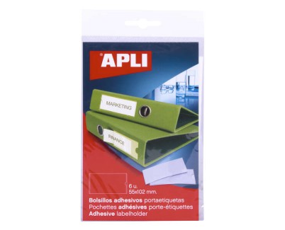 Apli Bolsillos Adhesivos para Etiquetas - 55 x 102mm - Cambia la Informacion de la Etiqueta Segun tus Necesidades - Contiene 6 Bolsillos por Bolsa