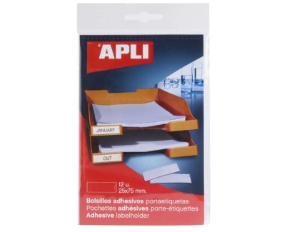 Apli Bolsillos Adhesivos para Etiquetas - Tamaño 25x75mm - Cambia la Informacion de la Etiqueta Segun tus Necesidades - Contiene 12 Bolsillos por Bolsa