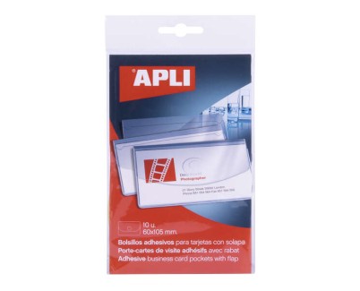 Apli Bolsillos Adhesivos Porta Tarjetas con Solapa de Cierre - Pack de 10 - 100 x 60mm - Ideal para Presentaciones Impresas, Dosieres