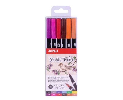 Apli Brush Marker Pack de 12 Rotuladores Acuarelables de Doble Punta - Punta Pincel de 1-4mm y Punta Redonda de 1mm - Tinta Base de Agua Inodora y No Toxica - Colores Surtidos