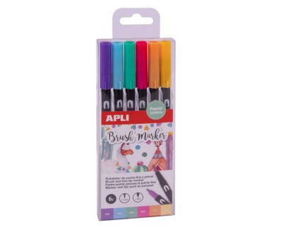 Apli Brush Marker Pack de 6 Rotuladores Acuarelables de Doble Punta - Punta Pincel de 1-4mm y Punta Redonda de 1mm - Tinta Base de Agua Inodora y No Toxica - Colores Pastel Surtidos