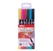 Apli Brush Marker Pack de 6 Rotuladores Acuarelables de Doble Punta - Punta Pincel de 1-4mm y Punta Redonda de 1mm - Tinta Base de Agua Inodora y No Toxica - Colores Surtidos