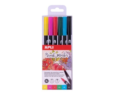 Apli Brush Marker Pack de 6 Rotuladores Acuarelables de Doble Punta - Punta Pincel de 1-4mm y Punta Redonda de 1mm - Tinta Base de Agua Inodora y No Toxica - Colores Surtidos