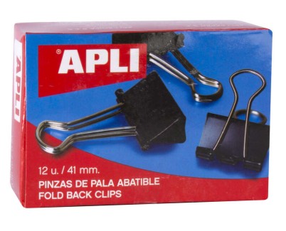 Apli Caja de 12 Pinzas Abatibles 20x41mm - Sujecion hasta 170 Hojas - Clips de Acero Templado en Negro - Asas en Niquel