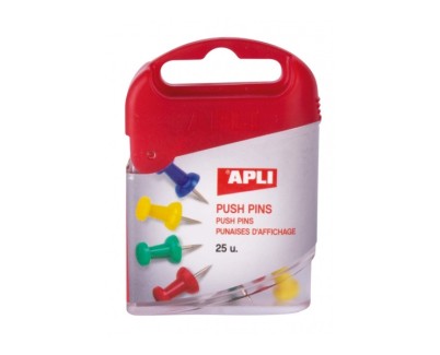 Apli Caja de 25 Agujas Push Pins - Cabeza Plastica - Punta Metalica - Ideal para Mapas, Corcho, Madera y Manualidades - Colores Surtidos