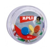 Apli Caja de 50 Chinchetas Niqueladas con Cabezal de Plastico - Cabeza Redondeada - Puntas Afiladas - Colores Surtidos