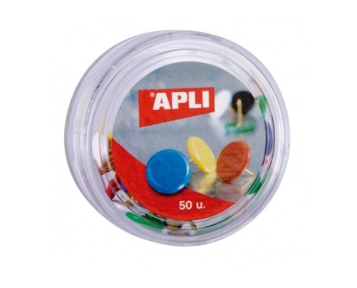 Apli Caja de 50 Chinchetas Niqueladas con Cabezal de Plastico - Cabeza Redondeada - Puntas Afiladas - Colores Surtidos