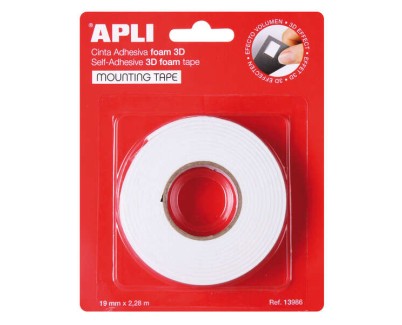 Apli Cinta Adhesiva Doble Cara Foam 3D 19mm x 2.28m - Adhesion Fuerte y Duradera - Ideal para Manualidades y Decoracion - Color Blanco