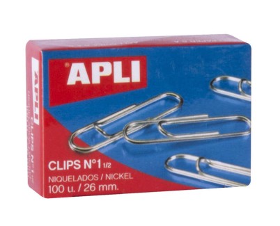 Apli Clips Alambre Nº 1½ (26mm) - Acabado Niquel Brillante - Alta Resistencia a la Oxidacion - Caja con 100 Clips