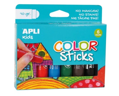 Apli Color Sticks Pack con 6 Temperas Solidas de 10g - Acabado Satinado sin Necesidad de Barniz - Secado Rapido en Menos de 3 Minutos - Efecto Cera o Tempera Segun la Presion Ejercida