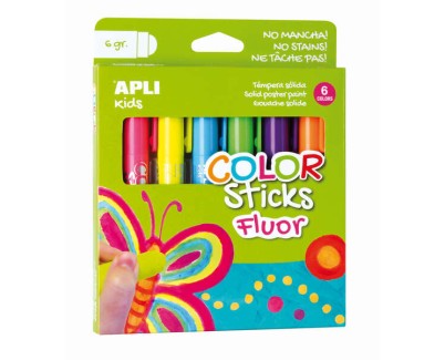 Apli Color Sticks Temperas Solidas Fluorescentes - Pack 6 Unidades de 6g - Acabado Satinado sin Necesidad de Barniz - Secado Rapido en Menos de 3 Minutos - Efecto Cera o Tempera Segun la Presion