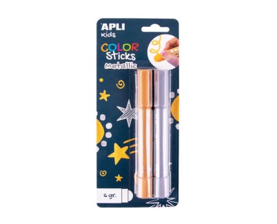 Apli Color Sticks Temperas Solidas - Pack 2 Unidades de 6g en Colores Metalizados - No Manchan, Acabado Satinado, Secado Rapido - Efecto Cera o Tempera Segun Presion - Flexible y sin Disolventes