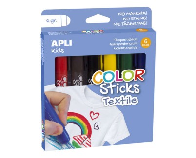 Apli Color Sticks Textil Pack de 6 Temperas Solidas 6gr para Uso en Textil - Secado al Aire en 12 Horas - Sin Disolventes - Para Niños a partir de 3 años - Colores Surtidos