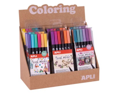 Apli Coloring Brush Markers - Expositor con 8 Packs Surtidos - Doble Punta de Nylon Tipo Pincel de 1-4 mm y Punta Redonda de 1 mm - Acuarelables y Multifuncionales
