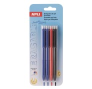 Apli Erasable Gel Blister con 4 Boligrafos de Tinta Gel Borrables cada Uno - Punta de 0,5mm - Zona de Agarre de Silicona - Colores Azul, Negro y Rojo