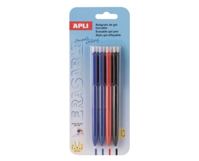 Apli Erasable Gel Blister con 4 Boligrafos de Tinta Gel Borrables cada Uno - Punta de 0,5mm - Zona de Agarre de Silicona - Colores Azul, Negro y Rojo