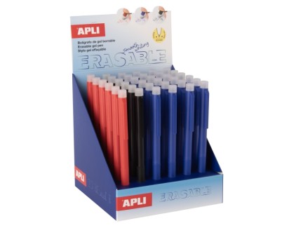 Apli Erasable Gel Expositor con 36 Boligrafos de Tinta Gel Borrables - Punta de 0,5mm - Zona de Agarre de Silicona - Colores Azul, Negro y Rojo