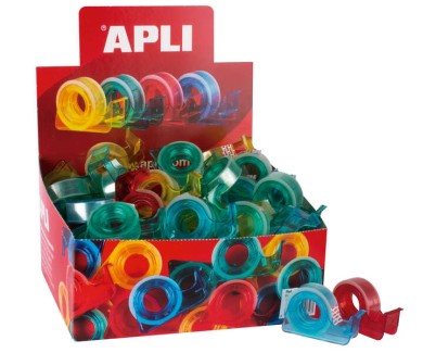 Apli Expositor con 60 Porta Cintas School con Cinta Adhesiva Incluida - 15mm x 10m - Facil de Usar y Transportar - Ideal para Estudiantes y Oficinas - Colores del Porta Cintas Surtidos