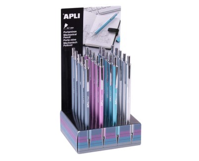 Apli Expositor de 20 Portaminas 0.7mm - Textura Soft - Capuchon y Goma de Borrar - Colores Metalizados Surtidos