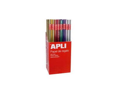 Apli Expositor de 55 Rollos de Papel Regalo Metalizado - 11 Rollos por Color - Medidas del Rollo 0.70x2m - Colores Lila, Oro, Plata, Rojo, Verde