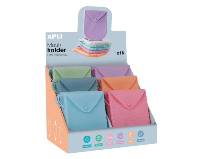 Apli Expositor de Porta Mascarillas de Silicona - 140x110x1.5 mm - Textura Suave - 18 Fundas de Diferentes Colores - Cierre de Boton - Asa para Colgar - Faciles de Limpiar y Esterilizar