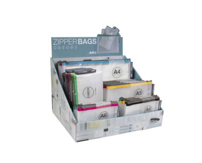 Apli Expositor de Zipper Bags - 80 Unidades en 4 Medidas Surtidas - 5 Colores Resistentes - Goma Eva Transparente de Alta Calidad