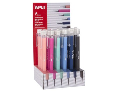 Apli Expositor Portaminas Soft Nordik 0.5mm - Colores Salmon, Rosa, Turquesa, Azul, Azul Marino y Negro - Capuchon con Tapon Transparente y Goma de Borrar - Colores Surtidos