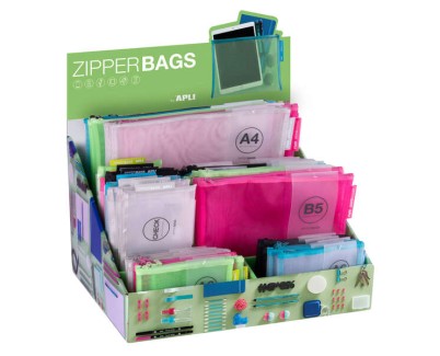 Apli Expositor Zipper Bags de Nylon - Tamaños y Colores Surtidos - Alta Calidad y Durabilidad - Ideal para Documentos, Electronicos y Viajes - Formato B5 para Tablets - Cierre de Cremallera y Transpirable