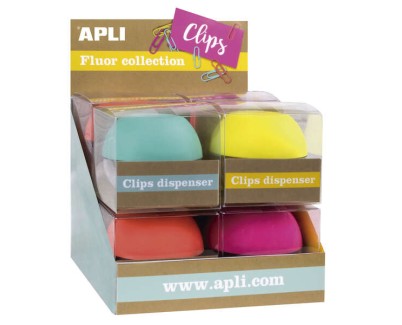 Apli Fluor Collection Expositor de Clips - Ø 70x60 mm - 8 Dispensadores en 4 Colores - Tapa Magnetica \"Soft Touch\" - Incluye 50 Clips