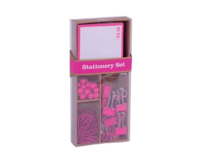 Apli Fluor Collection Set de Oficina con 25 Pins, 80 Clips de 28mm, 20 Pinzas Abatibles de 19mm, Bloc de 100 Notas Adhesivas Blancas con Borde Rosa - Dise&ntilde;o Moderno y Llamativo