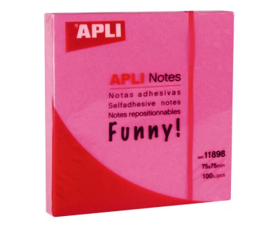 Apli Funny Bloc de 100 Notas Adhesivas 75x75mm - Adhesivo de Calidad - Facil de Despegar - Color Rosa Fluor