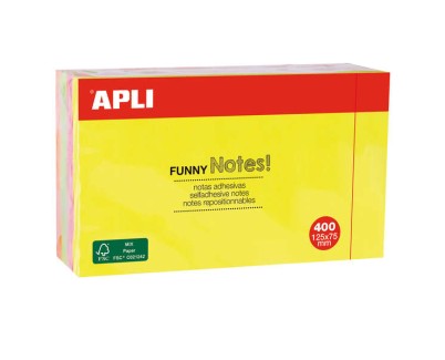 Apli Funny Bloc de 400 Notas Adhesivas Reposicionables 125x75mm - 4 Colores Surtidos (100 Hojas por Color) - Colores Fluor