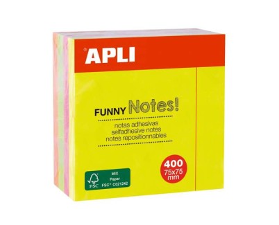 Apli Funny Cubo de 400 Notas Adhesivas 75 x 75 mm - Colores Surtidos Fluorescentes