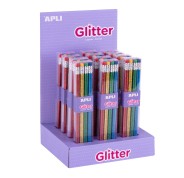 Apli Glitter Collection Lapices de Grafito con Goma - 2mm HB - 12 Packs de 8 Lapices - 8 Colores Purpurina - Expositor 160x270x190mm
