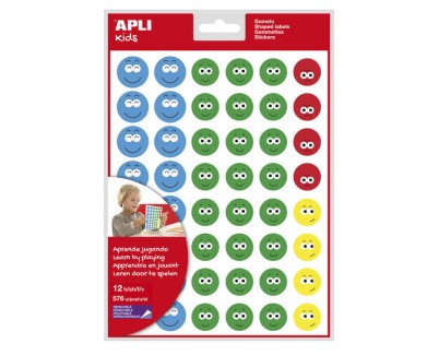 Apli Gomets Cara Feliz Ii - 576 Gomets por Bolsa - 4 Estilos de Cara Diferentes - Motivan y Premian a los Niños - Enseñan a Expresar Sentimientos - Adhesivo Base Agua - Libre de Disolventes