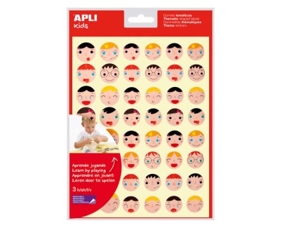 Apli Gomets Emociones - &Oslash; 23 mm y &Oslash; 20 mm - 144 Gomets por Bolsa - 16 Dise&ntilde;os Diferentes - Adhesivo Removible - Ayuda a Expresar Emociones - Adhesivo Base Agua - Libre de Disolventes - Color Variado