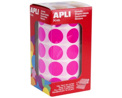 Apli Gomets Redondos Fucsia &Oslash; 20mm - 59 Hojas Pretroqueladas - 1770 Gomets por Rollo - Ideal para Escuelas y Talleres Infantiles - Cumple Normas EN-71 y FSC