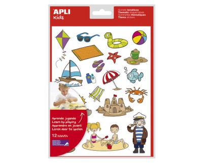 Apli Gomets Tematicos la Playa - 264 Gomets en 12 Hojas - Ilustraciones de Animales y Objetos de la Playa - Adhesivo Removible - Ideal para Escuelas - Adhesivo Base Agua - Libre de Disolventes - Colorido