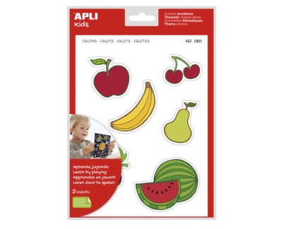 Apli Gomets Tematicos las Frutas xL - 22 Gomets en 2 Hojas A4 - Desarrollados con Educadores - Adhesivo Removible - Seguros y Ecologicos - Ilustraciones Divertidas - Tama&ntilde;o xL sin Borde - Coloridos