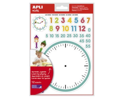 Apli Gomets Tematicos las Horas - 360 Gomets en 12 Hojas - Ayuda en el Aprendizaje de las Horas y Habilidades Motoras - Adhesivo Removible - Ideal para Escuelas - Adhesivo Base Agua - Libre de Disolventes - Colorido