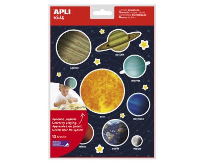 Apli Gomets Tematicos Sistema Solar - 240 Gomets en 12 Hojas - Adhesivo Removible - Ideal para Aprendizaje Visual y Habilidades Motoras - Adhesivo Base Agua - Libre de Disolventes - Coloridos