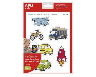 Apli Gomets Tematicos Transportes xL - 24 Gomets en 2 Hojas A4 - Ilustraciones de Medios de Transporte - Adhesivo Removible - Tama&ntilde;o xL sin Borde - Adhesivo Base Agua - Libre de Disolventes - Colorido