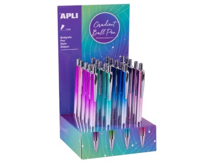 Apli Gradient Expositor con 20 Boligrafos Metalicos Retractiles - Punta de 1mm - Tinta Color Azul - Colores Gradient Surtidos