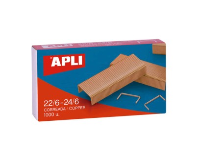 Apli Grapas de Cobre Galvanizadas 22/6 - 24/6 - Capacidad de 30 Hojas - Material Duradero y Resistente - Extremos Afilados para Un Grapado Preciso