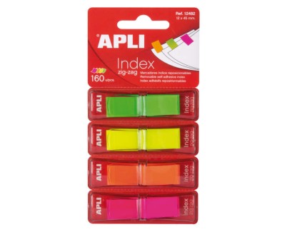 Apli Indices Adhesivos Film Zigzag 45x12mm 4 Dispensadores de 40 Indices - Faciles de Aplicar - Resistentes - Removibles - Colores Fluorescentes - Multicolor