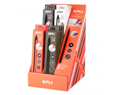 Apli Infinite Pencil Neon Expositor con 20 Packs de Lapiz Infinito HB + Mina de Recambio + Tapon Protector - Para Escribir hasta 16km - Colores Surtidos