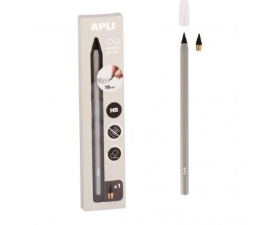 Apli Infinite Pencil Pack de Lapiz Infinito HB + Mina de Recambio + Tapon Protector - Para Escribir hasta 16km - Color Gris