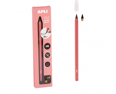 Apli Infinite Pencil Pack de Lapiz Infinito HB + Mina de Recambio + Tapon Protector - Para Escribir hasta 16km - Color Rosa