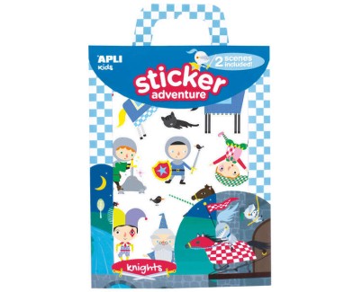 Apli Juego de Pegatinas de Papel Tematica Caballeros - 2 Escenarios 45x20cm - 2 Hojas de Gomets Removibles - Cajita con Asa - Ideal para Viajes - Recomendado +3 Años - Colorido
